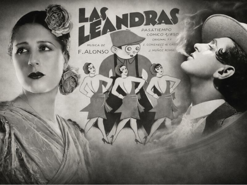 Cartel en blanco y negro de Las Leandras, con retratos de dos mujeres a ambos lados y una ilustración central de bailarinas estilo años 30 junto al título de la obra.
